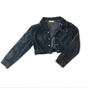 Women's Dark Blue Crop Denim Jacket with Rhinestone Details